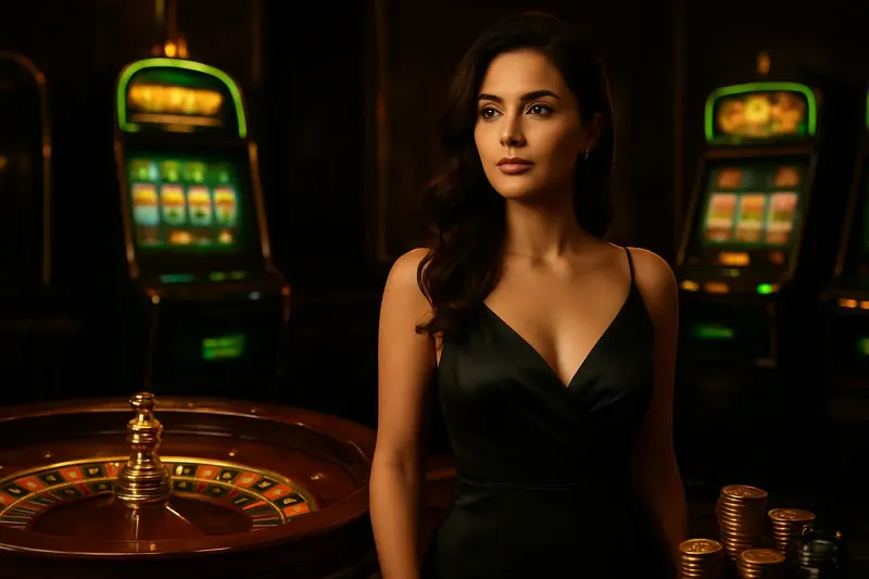 Confident woman in evening dress near roulette and slot machines in luxury Bangladeshi casino with neon green and gold accents